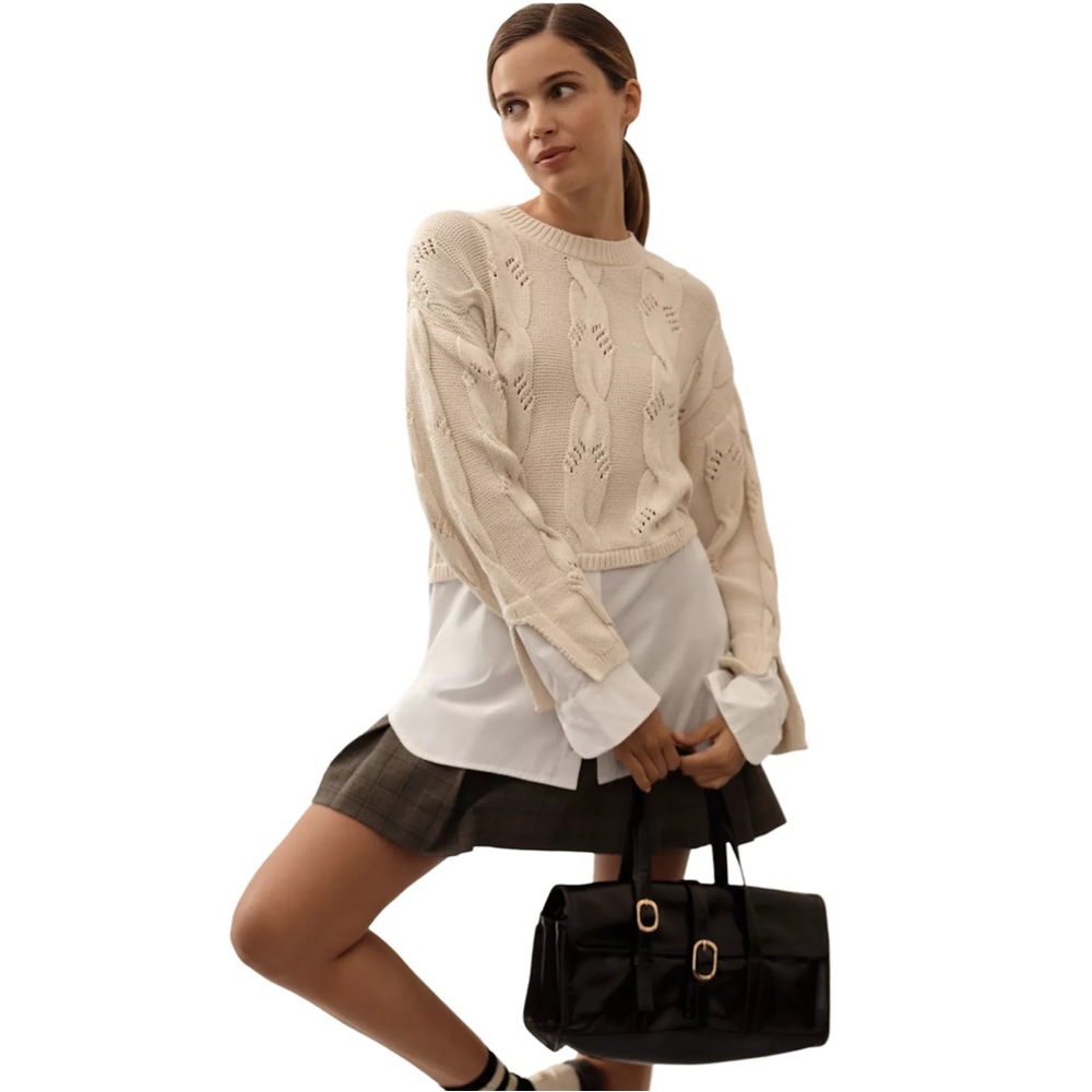 Anthropologie Pilcro Women’s Preppy Cable‎ Twofer Sweater Cream White XS EUC